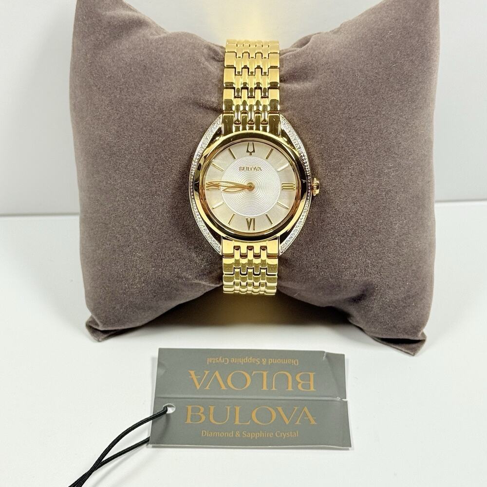 New-Bulova Classic 98R298 Diamond Accent White Dial Gold Stainless Women’s Watch